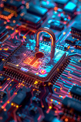 Cybersecurity Concept with Illuminated Padlock on Circuit Board - obrazy, fototapety, plakaty