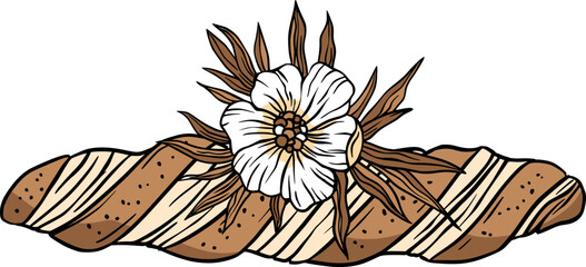 Bread loaf baguette with flowers, baking bakery vector vintage line art sketch - 785646215