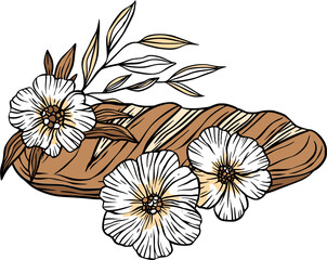 Bread loaf baguette with flowers, baking bakery vector vintage line art sketch - 785646221