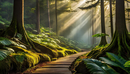 Beautiful forest scenery with big trees and path. Sunny day. Natural landscape.