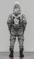 Fototapeta premium Person in hoodie and backpack standing in white room