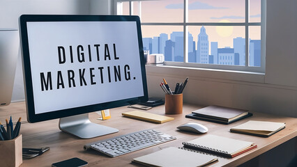 On a desktop office computer, the words 'Digital Marketing' are displayed on the screen