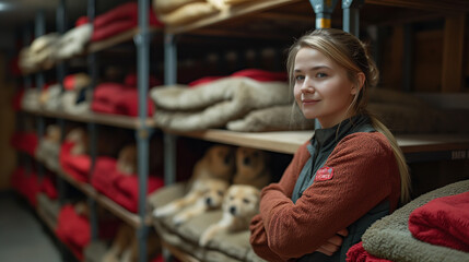 Fototapeta na wymiar Comfort and Shelter: A caring shelter worker prepares cozy beds and blankets for the animals in their care, ensuring each creature has a warm and comfortable place to rest. From pl