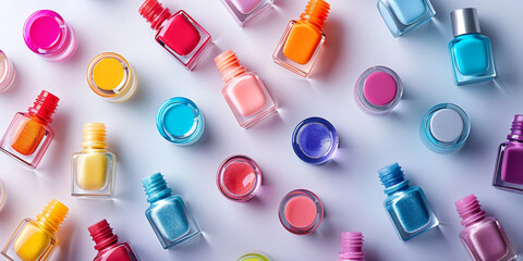 Colorful Array of Nail Polish Bottles on Bright Background