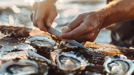 Capturing the Art of Oyster Shucking: A Rustic Coastal Delight - obrazy, fototapety, plakaty