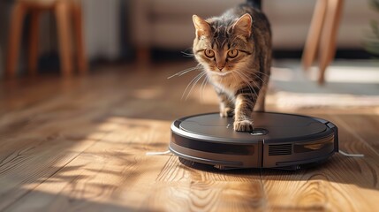 Felidae with whiskers standing on robotic vacuum cleaner on hardwood flooring