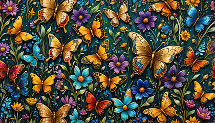 Vibrantly colorful, lush floral and intricate illustrated artwork of graceful, realistic jewel-toned butterflies in a kaleidoscopic, dreamily floral setting. - obrazy, fototapety, plakaty