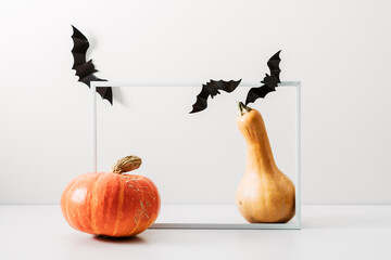 Halloween holiday concept. Photo frame, halloween decorations on white background. Front view, copy...