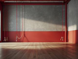 Empty room wall red background design with a jump rope. minimalist gym room with copy space design. - obrazy, fototapety, plakaty