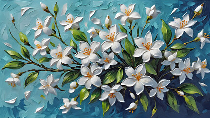 blooming jasmine branches on blue painted with oil paints	 - obrazy, fototapety, plakaty