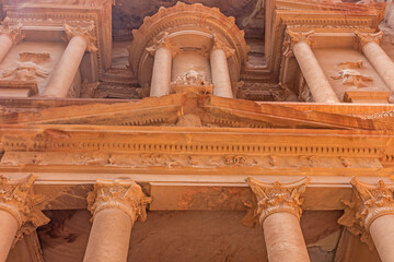 Frontal view of the entrance portal to the Treasury in the Petra archaeological site. Jordan.....
