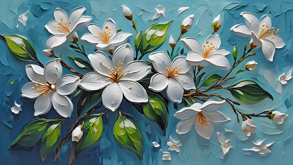 blooming jasmine branches on blue painted with oil paints	 - 785647629