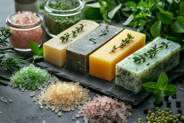 Homemade Organic Soap: Natural Ingredients for Healthy Body Care. Wooden Background with Fresh Herbs and Aromatic Aromatherapy Elements