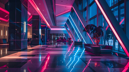 An ultra-modern lobby with geometric shapes and neon lighting.