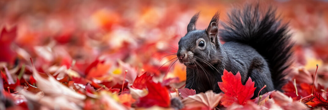 Curious Black Squirrel Amidst Autumn's Red Canopy