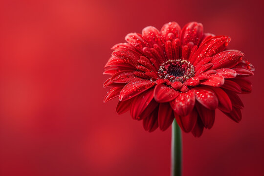 Vibrant Red Gerbera Daisy with Water Droplets on a Crimson Background