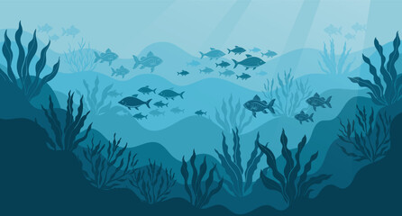 Underwater ocean landscape, algae and reefs, silhouette of a school of fish. Seabed background with ocean flora and fauna, corals, silhouettes of sea animals. Vector
