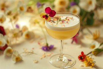 Artisanal Mezcal cocktail with floral notes, served in a vintage glass and garnished with edible flowers, blending tradition and modern flair