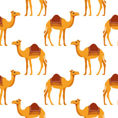 Seamless pattern with cute kawaii camels on a white background. Background for wrapping paper, wallpaper, cover. Vector