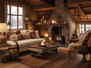 Cozy living room interior with fireplace, sofa, armchair, pillows and candles. - 785647841