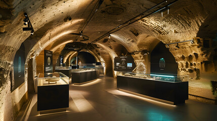 Obraz premium An underground museum dedicated to the history of science and technology with interactive exhibits powered by renewable energy and built beneath a historic city square.