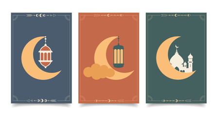 Collection of modern style Ramadan Mubarak greeting cards with retro Boho design. Windows and arches with moon, mosque dome and lanterns. Set of posters © Tatiana