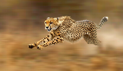 Velocity Embodied: Swift Cheetah Captured in High-Speed Chase, Awe-Inspiring Wildlife Photography Freezing Motion Against the Savannah Blur