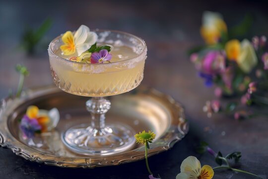 Artisanal Mezcal cocktail with floral notes, served in a vintage glass and garnished with edible flowers, blending tradition and modern flair