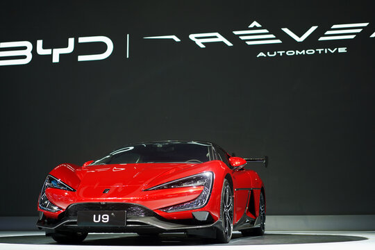 Bangkok, Thailand - April 5th, 2024: BYD U9 electric car on display at the Motor Show 2024.