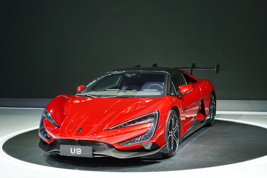 Bangkok, Thailand - April 5th, 2024: BYD U9 electric car on display at the Motor Show 2024.