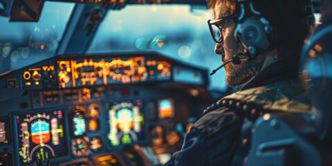Professional Pilot Navigating Aircraft Cockpit During Twilight