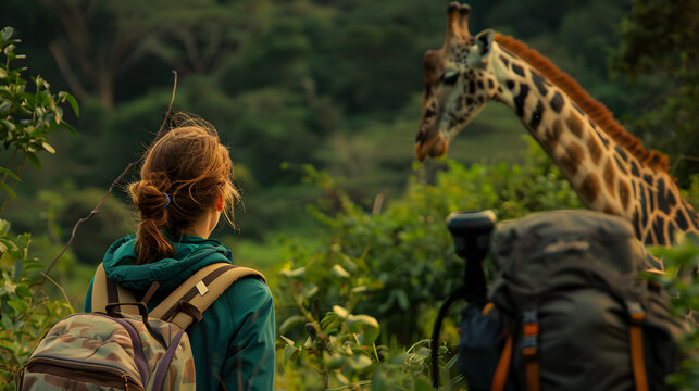 A backpacker marveling at the sight of an endangered species in a wildlife sanctuary symbolizing the respect and awe for natures diversity and the importance of conservation.