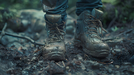 A backpackers boots covered in mud at the end of a long days trek standing on a rugged trail showcasing the gritty reality and the physical demands of backpacking adventures. - obrazy, fototapety, plakaty