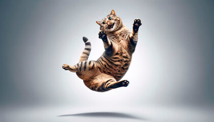tabby cat in a mid-air jump