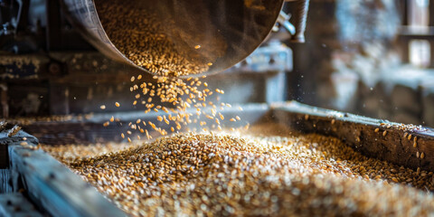 Golden Wheat Grains Pouring into Wooden Bin at Rustic Mill