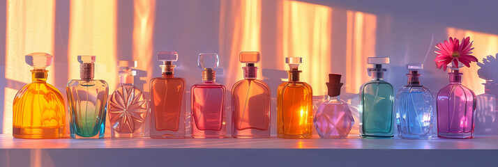 Colorful Perfume Bottles on Vanity Against Sunset