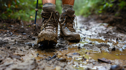 A backpackers boots covered in mud at the end of a long days trek standing on a rugged trail showcasing the gritty reality and the physical demands of backpacking adventures. - obrazy, fototapety, plakaty