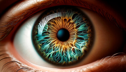 human eye iris, focusing in high detail on the intricate patterns and colors