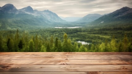 Naklejka premium The empty wooden brown table top with blur background of Norway nature landscape. Exuberant image. generative AI