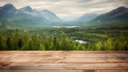 Poster The empty wooden brown table top with blur background of Norway nature landscape. Exuberant image. generative AI © Summit Art Creations