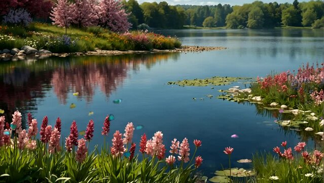 Beautiful spring landscape with lake, flowers blooming, butterflies dancing Seamless looping 4k time-lapse animation video background
