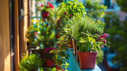 Fototapeta na wymiar A balcony adorned with a colorful array of herb planters including varieties of basil mint and thyme under a bright afternoon sun.