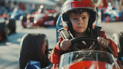 Young child geared up and focused, ready to race in a go-kart.
