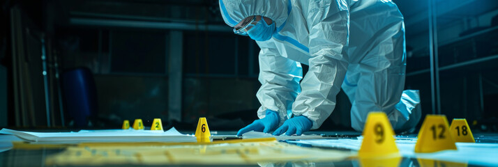 Forensic Expert Collecting Evidence at Crime Scene in Protective Suit