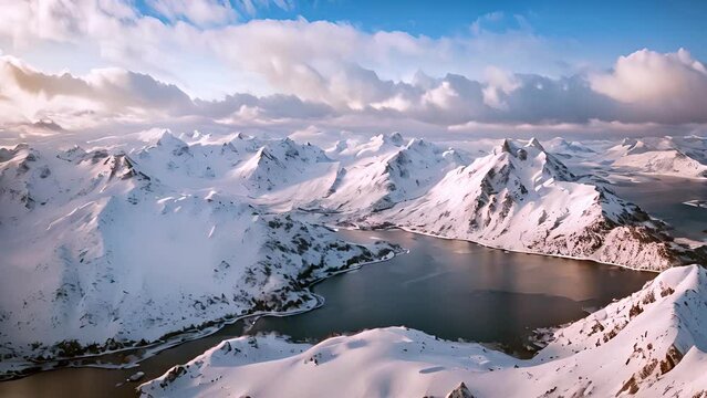 Aerial view of high snowy mountains and fjords