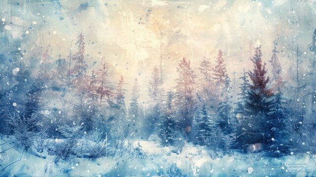 A beautiful abstract watercolor painting depicting a serene winter landscape, with snow-covered trees and a tranquil atmosphere. 