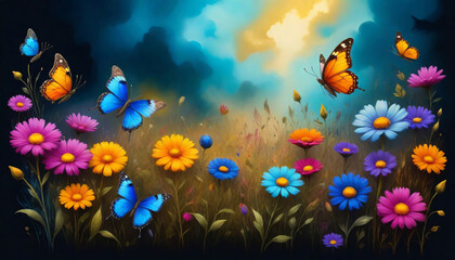 Obraz na płótnie Canvas Fantasy artwork of a surreal vibrant, kaleidoscopic meadow filled with delicate and colorful butterflies and blooming, jewel-toned flowers
