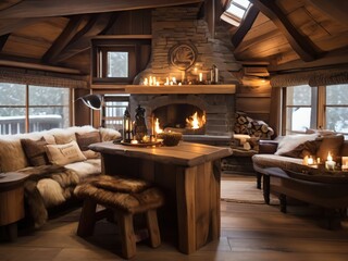 Interior of a rustic wooden house with fireplace and armchairs - 785648663