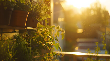 A balcony garden at golden hour featuring a hanging herb garden with tiers of potted chives dill and rosemary basking in the soft sunlight.