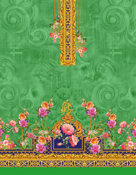Digital colorful curti design, on a green background. print design